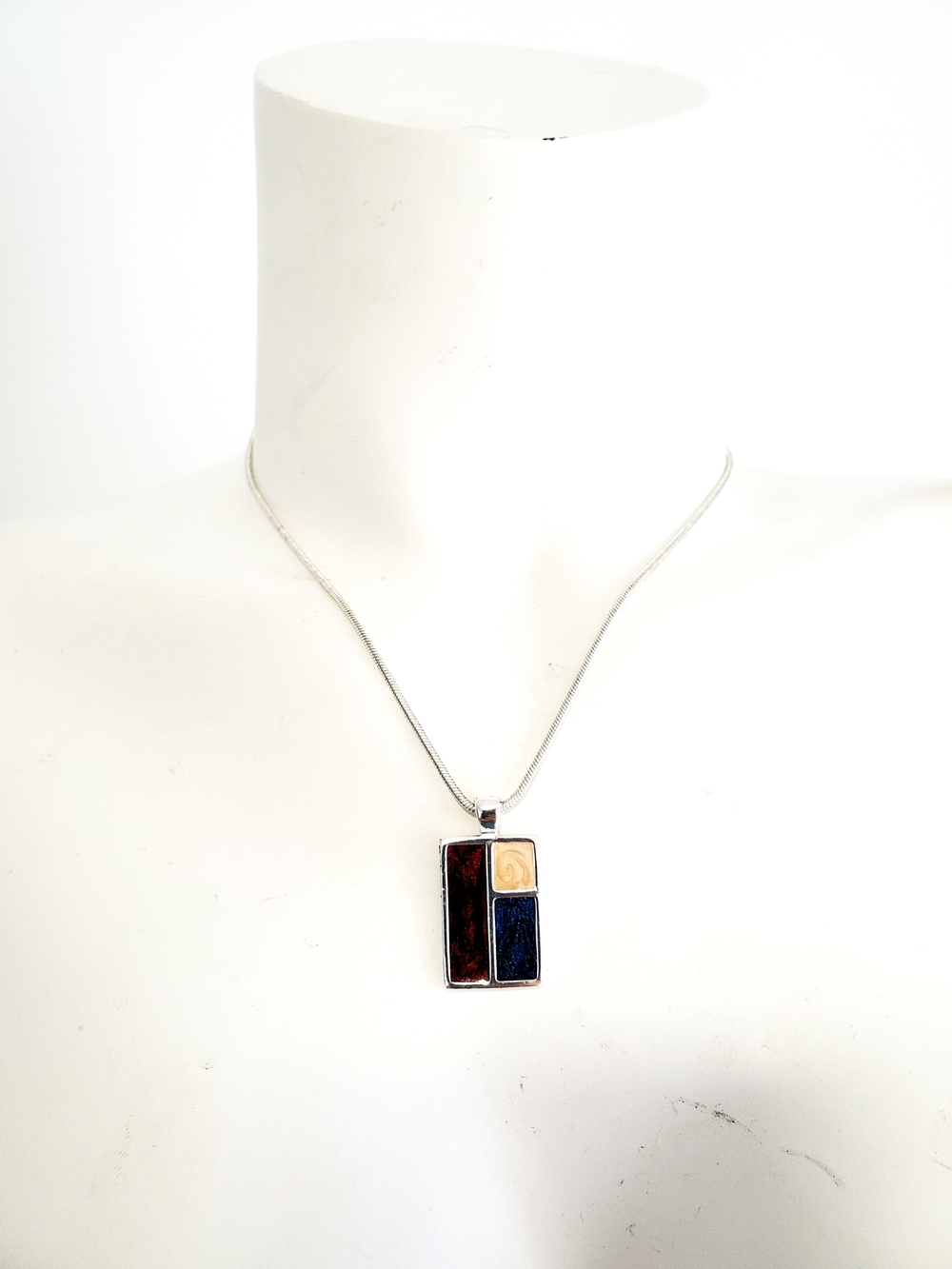 Silver-tone Geometric Inlay Pendant Necklace - Blue, Brown, Cream